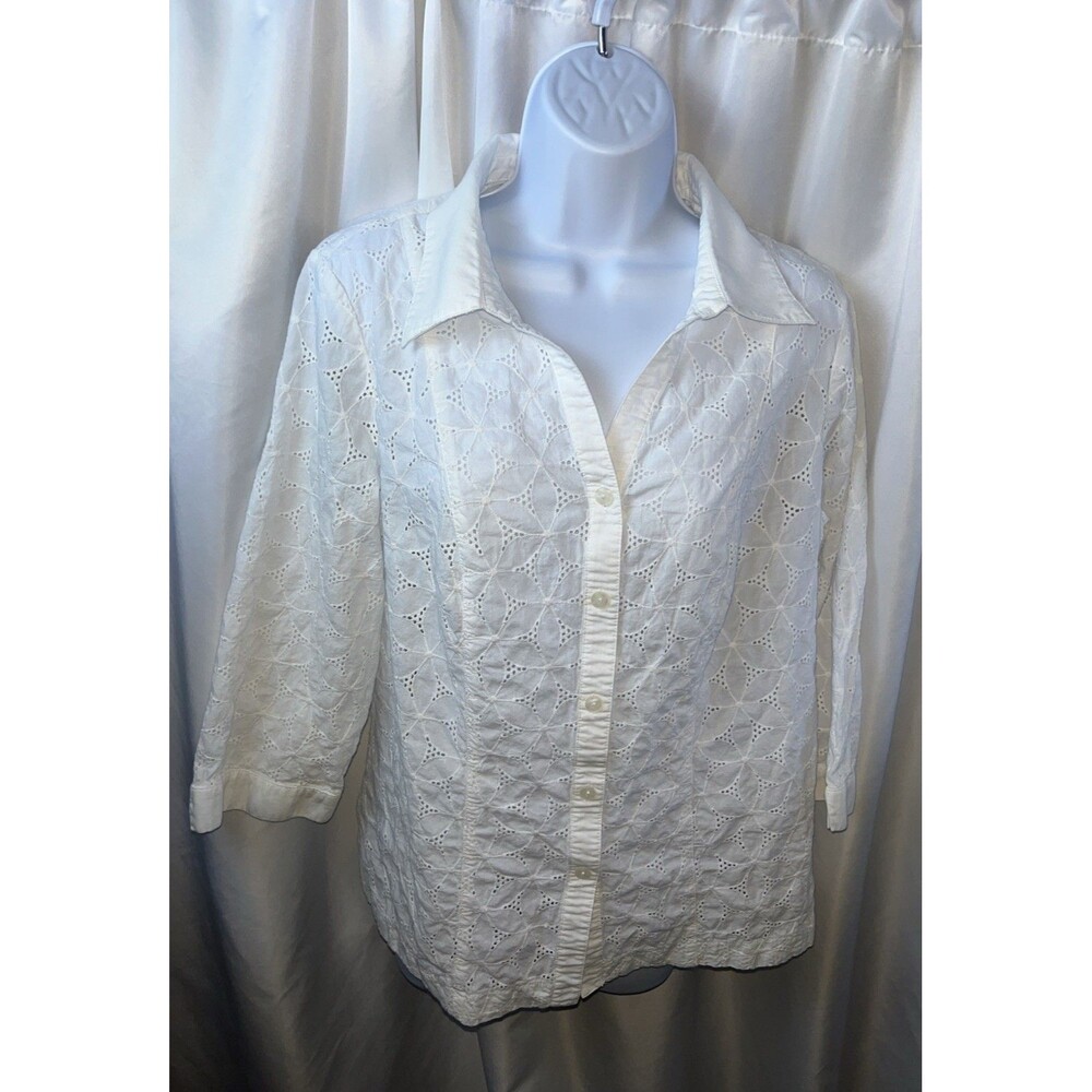 JM Collection Woman Plus White Eyelet 3/4 Sleeve Blouse Size 14W Angel